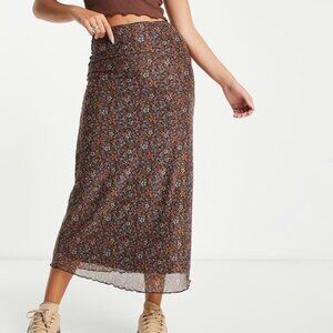 Motel 90s midi skirt in brown floral mesh